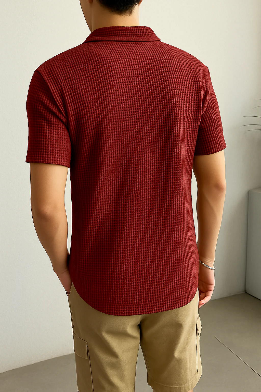 Waffle Knit Zipper Polo T-Shirt - Maroon - Image 2
