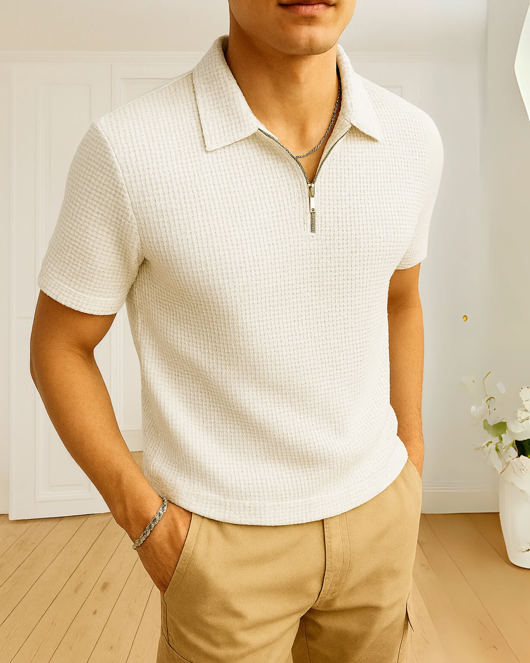 Waffle Knit Zipper Polo T-Shirt - White