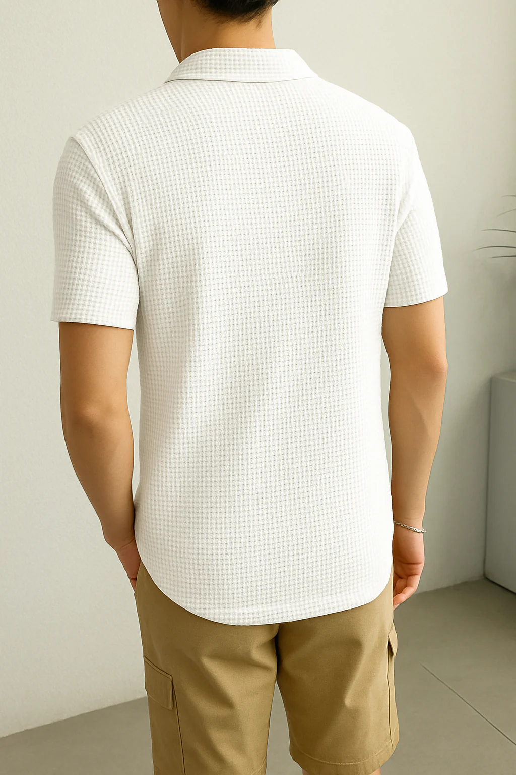 Waffle Knit Zipper Polo T-Shirt - White - Image 2