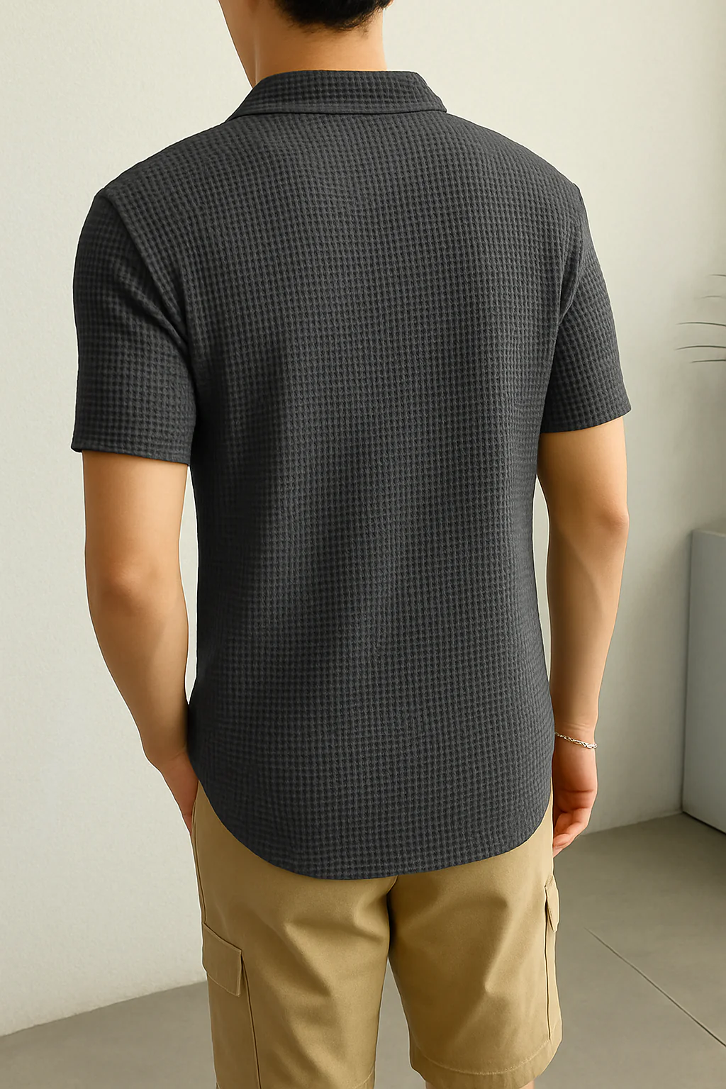 Waffle Knit Zipper Polo T-Shirt - Charcoal - Image 2